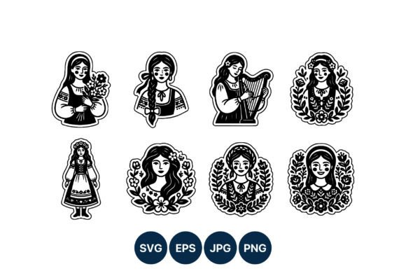 Black and White Folk Art Women Graphics