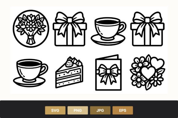 Black White Gift Coffee Cake Icons