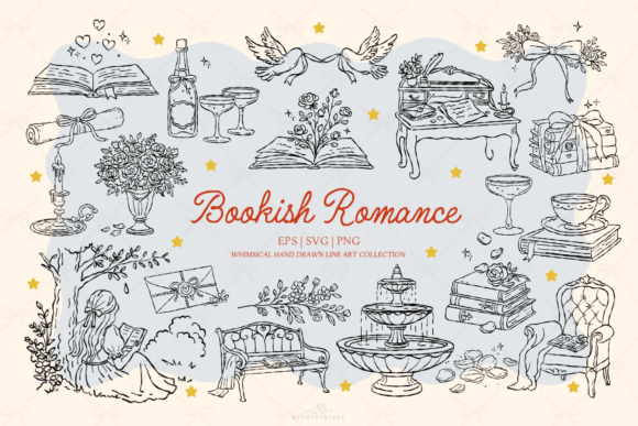 Bookish Romance Vintage Line Art Graphics