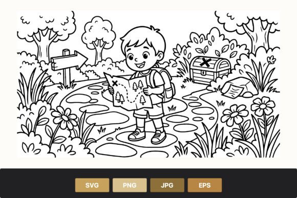 Boy Holding Treasure Map Forest Graphics