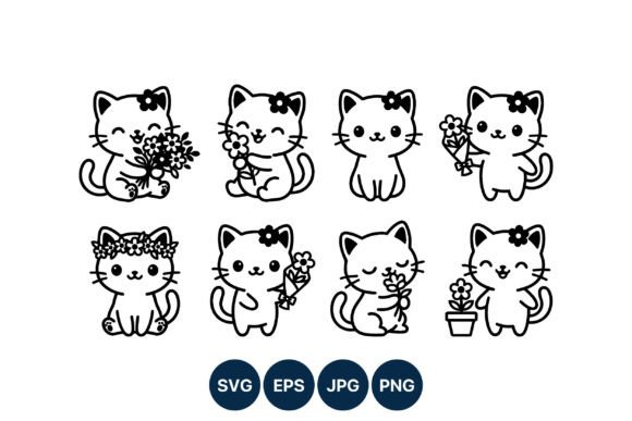 Cute Cat Flower Line Art Vector