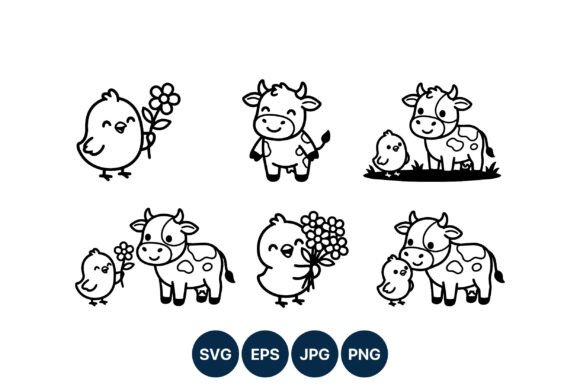 Cute Cow and Chick Flower Line Art Graphics