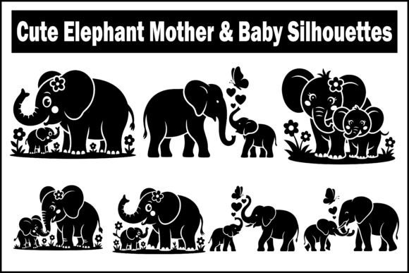 Cute Elephant Mother Baby Silhouettes Graphics