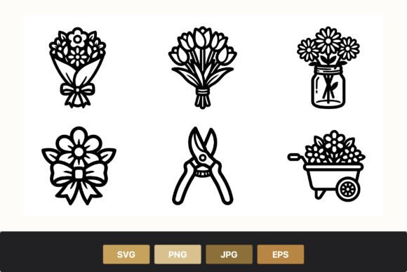 Flower Bouquet Jar Scissors Cart Vector Graphics