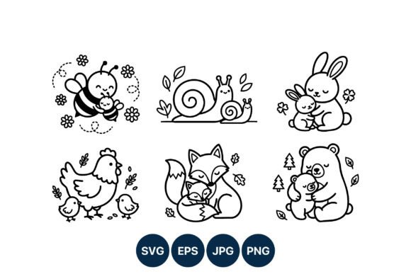 Mother and Baby Animals Vector Line Art Graphics