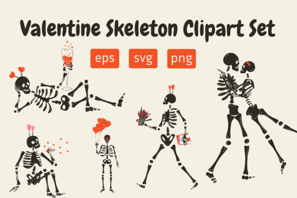 Valentine Skeleton Clipart Set Graphics